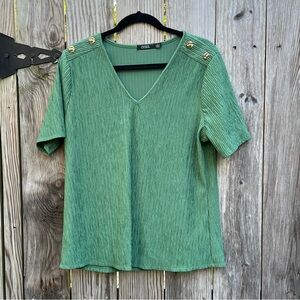 CURE Green Ribbed V Neck Short Sleeve Top Blouse Women’s Large